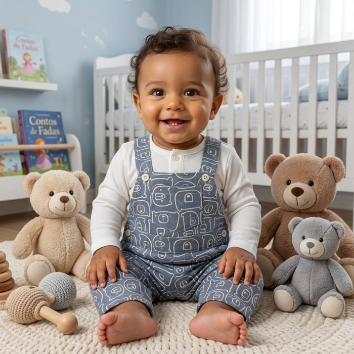 JARDINEIRA MENINO ESTAMPADA BEAR COM BODY BRANCO