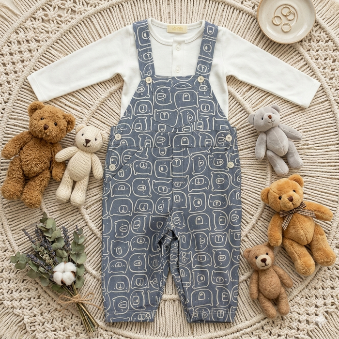 JARDINEIRA MENINO ESTAMPADA BEAR COM BODY BRANCO