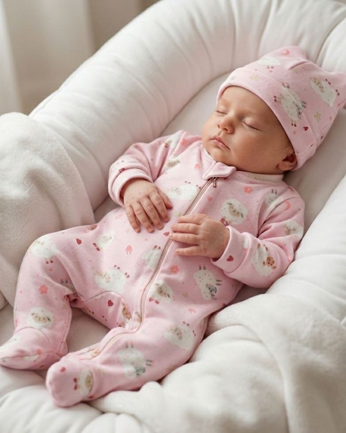 MACACÃO PIJAMINHA CARNEIRINHOS  BEBÊ MENINA COM GORRO COMBINANDO