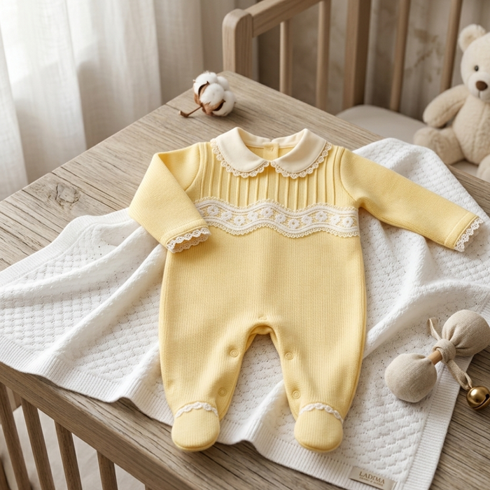 MACACÃO BEBÊ MENINA EM TRICOTIL AMARELO