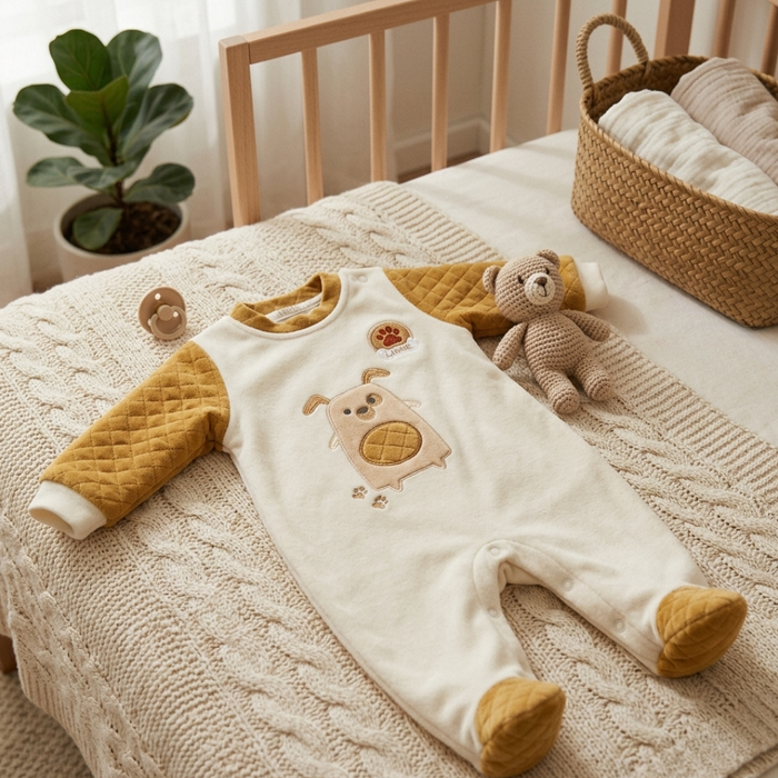 MACACÃO BEBÊ DE CACHORRINHO E OSSINHO MENINO EM PLUSH