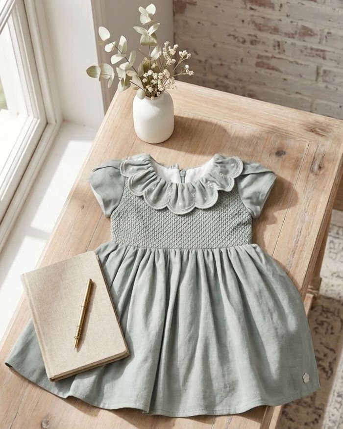 VESTIDO INFANTIL EM ALGODÃO COM GOLA BORDADA