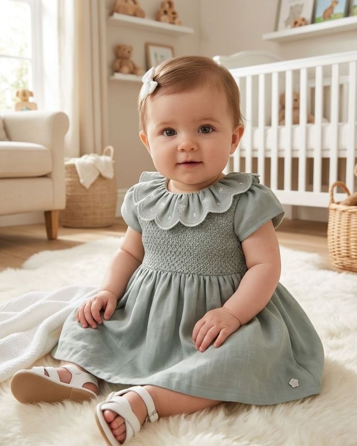 VESTIDO BEBÊ EM ALGODÃO COM GOLA BORDADA