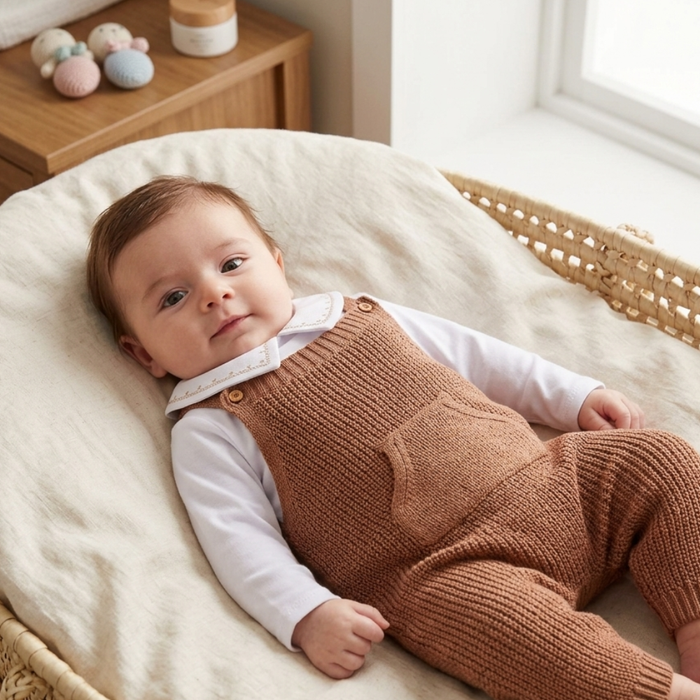 CONJUNTO BEBÊ MENINO SALOPETE EM TRICÔ E BODY GOLA BORDADA