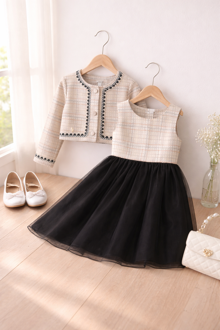 CONJUNTO INFANTIL VESTIDO COM TULE E CASAQUINHO EM JACQUARD