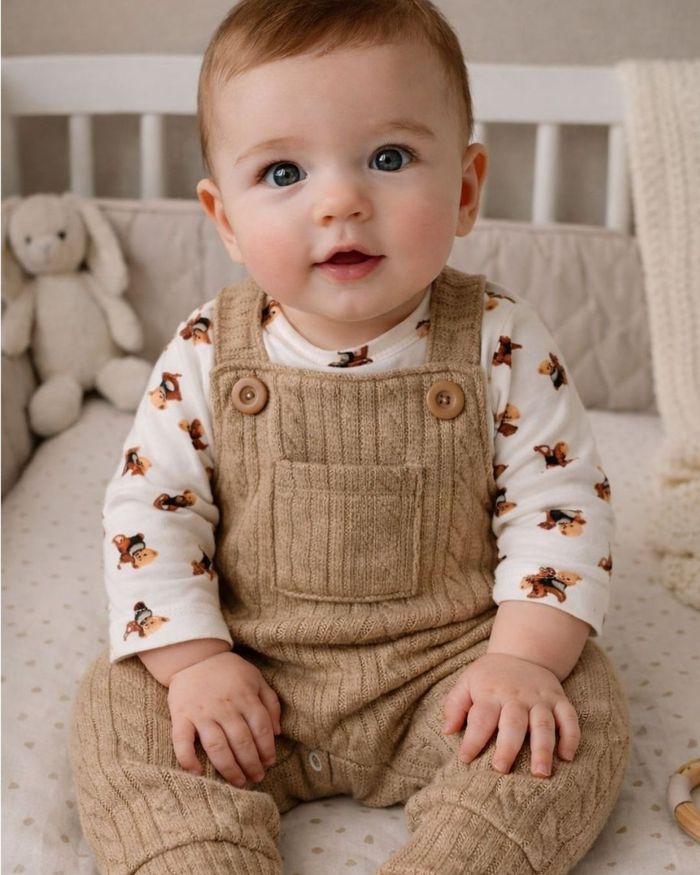 CCONJUNTO BEBÊ MENINO JARDINEIRA TRICÔ  E BODY ESTAMPADO