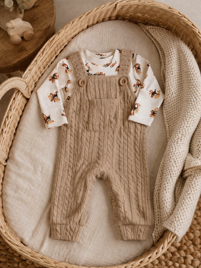 CCONJUNTO BEBÊ MENINO JARDINEIRA TRICÔ  E BODY ESTAMPADO