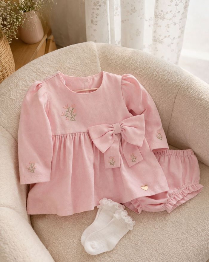 VESTIDO BEBÊ COM TAPA FRALDAS  ROSA COM BORDADO FLORAL E LAÇO