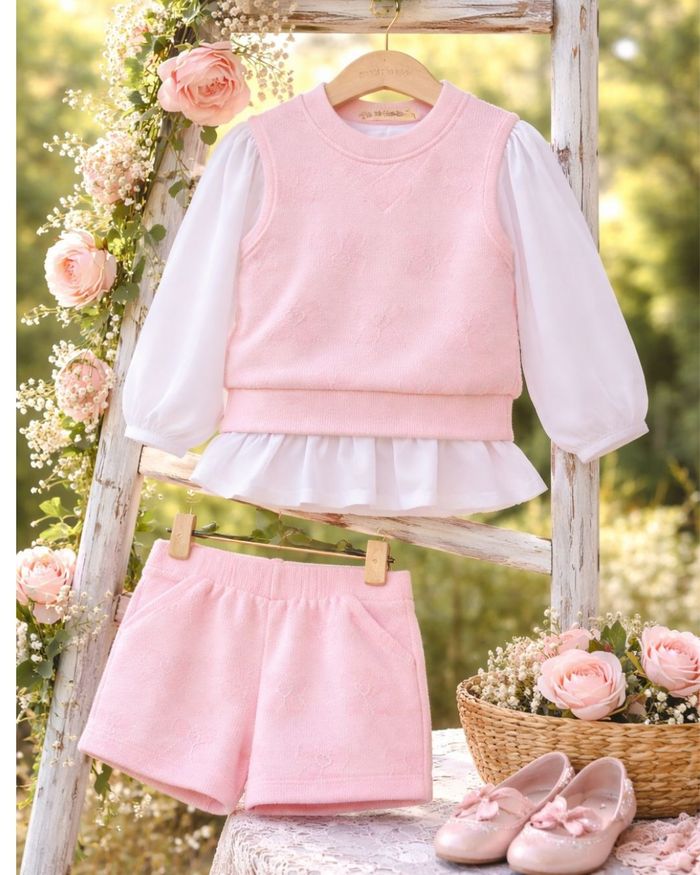 CONJUNTO INFANTIL COLETE COM CAMISA EMBUTIDA E SHORTS EM JACQUARD