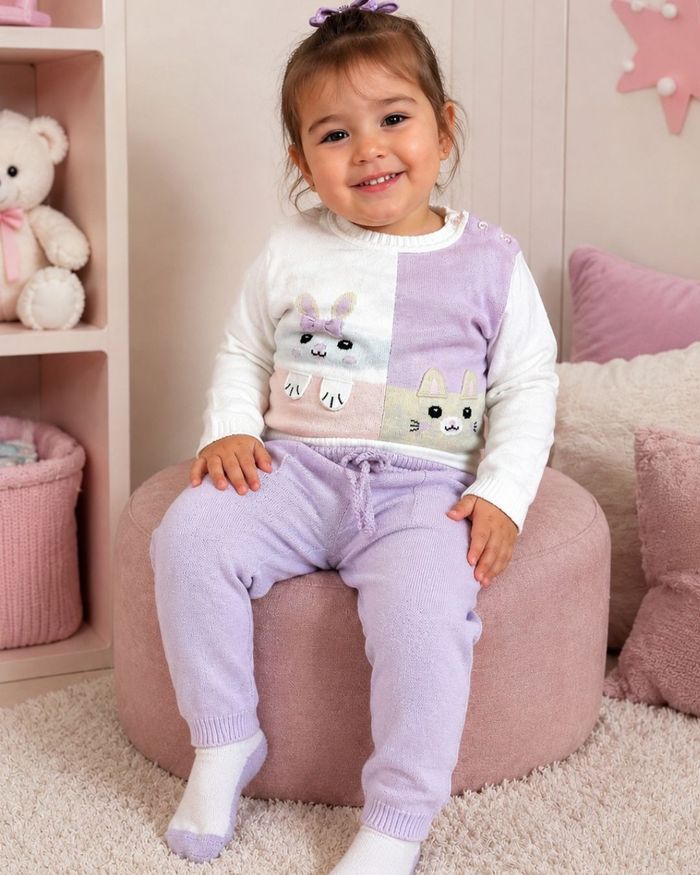 CONJUNTO INFANTIL MENINA BLUSA E CALÇA EM TRICÔ BICHINHOS