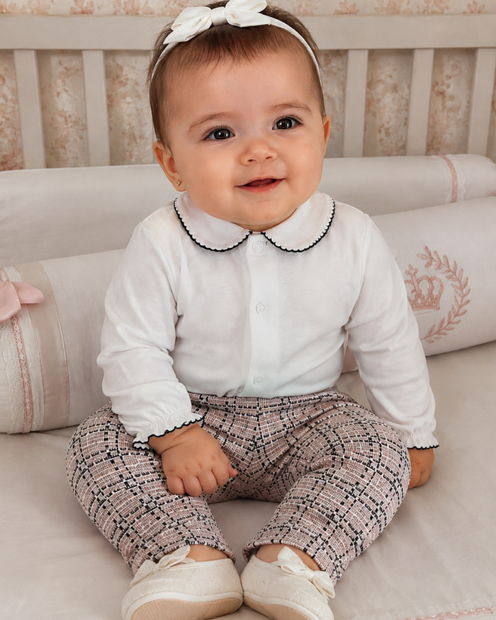CONJUNTO BEBÊ MENINA BODY ALGODÃO E CALÇA TWEED