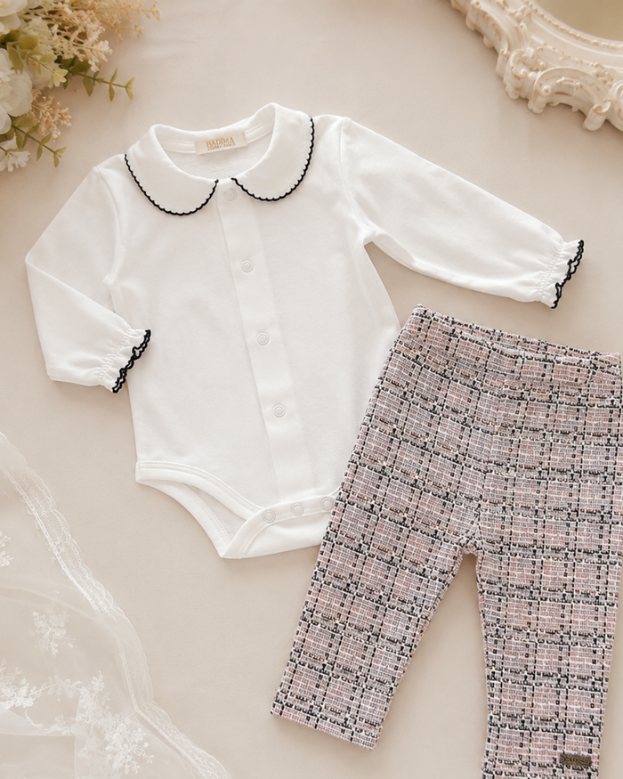 CONJUNTO BEBÊ MENINA BODY ALGODÃO E CALÇA TWEED