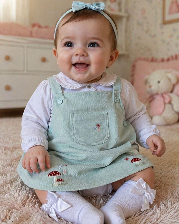 CONJUNTO BEBÊ MENINA JARDINEIRA COM BORDADOS DE COGUMELOS E BODY CAMISA
