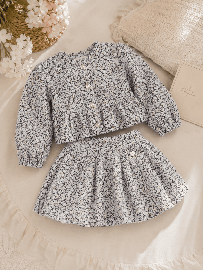 CONJUNTO INFANTIL MENINA EM TWEED BRANCO MESCLADO COM SAIA