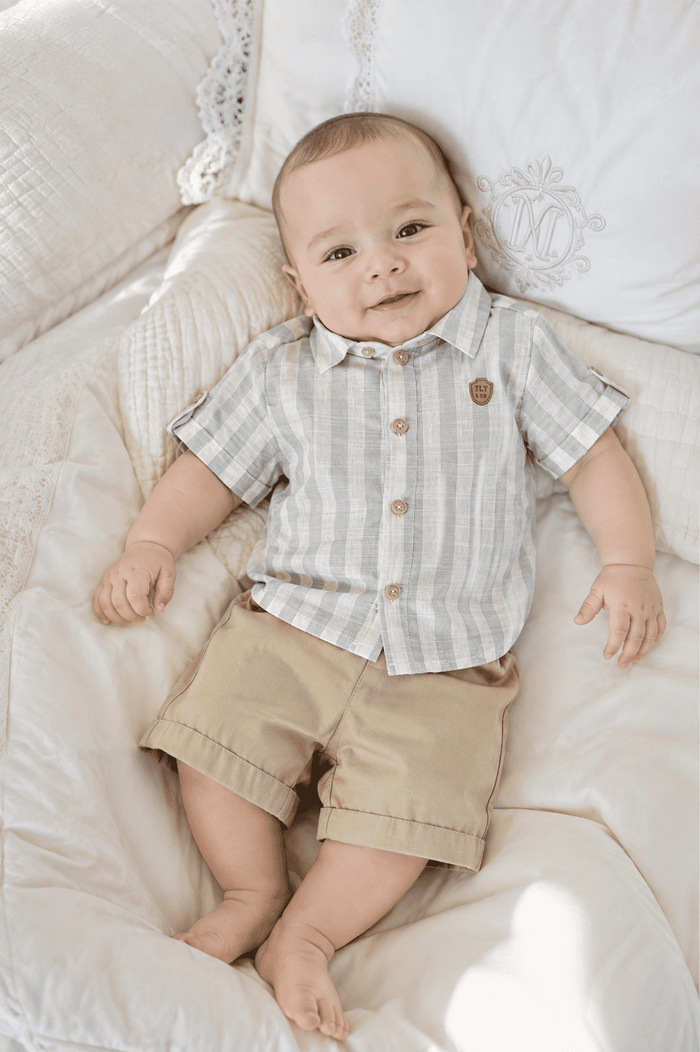CONJUNTO CURTO  BEBÊ MENINO CAMISA LISTRADA  BERMUDA  
