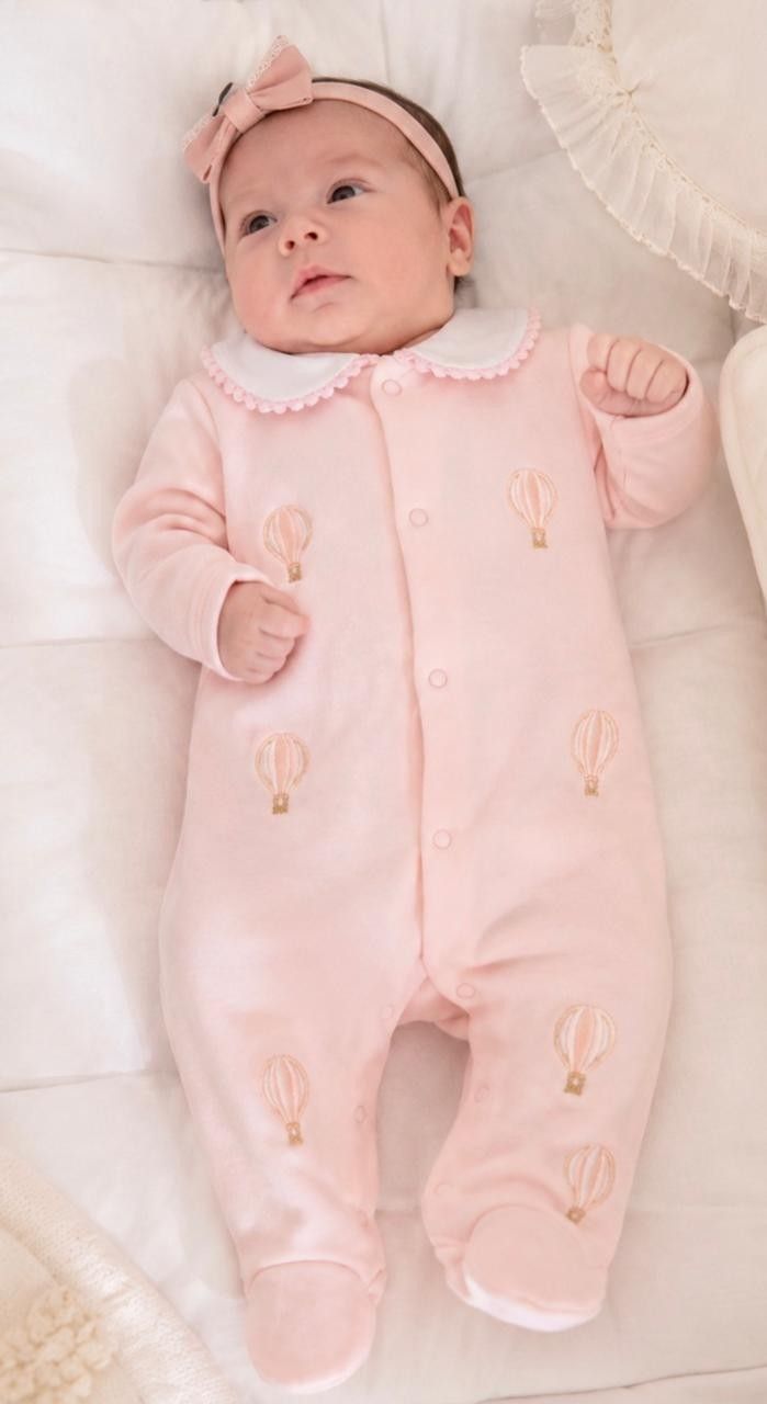  MACACÃO BEBÊ MENINA  BORDADOS BALÕES ALGODÃO EGÍPCIO