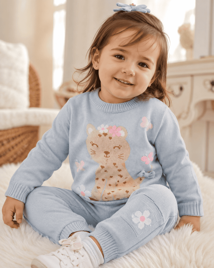 CONJUNTO INFANTIL MENINA ONCINHA FLORAL AZUL EM TRICÔ