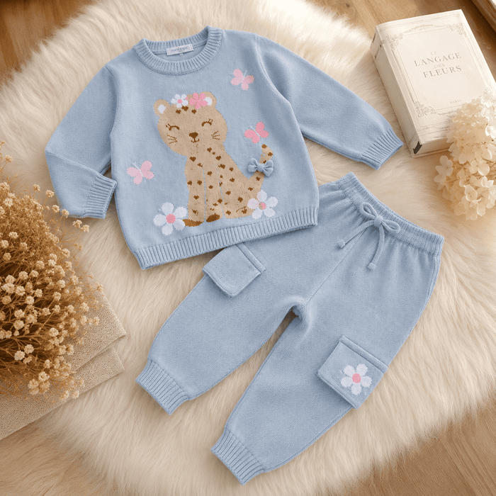CONJUNTO INFANTIL MENINA ONCINHA FLORAL AZUL EM TRICÔ