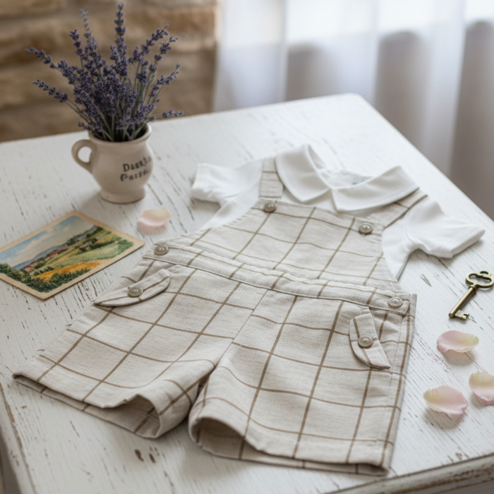 CONJUNTO CLÁSSICO INFANTIL MENINO BODY COM GOLA E JARDINEIRA