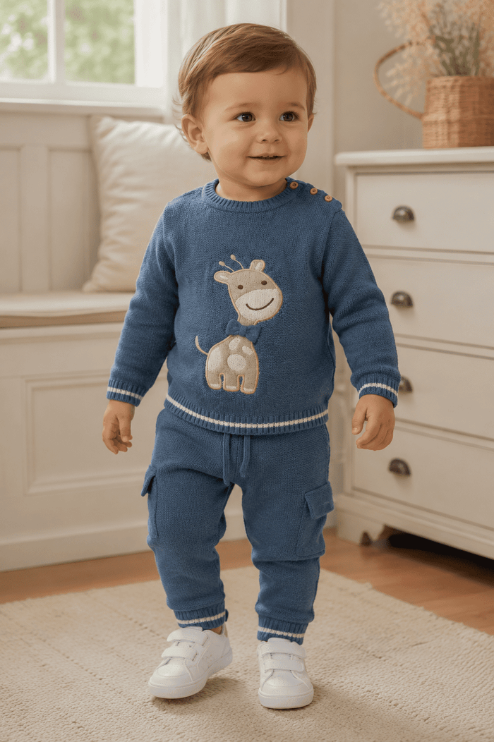 CONJUNTO INFANTIL TRICÔ BLUSA GIRAFINHA E CALÇA AZUL