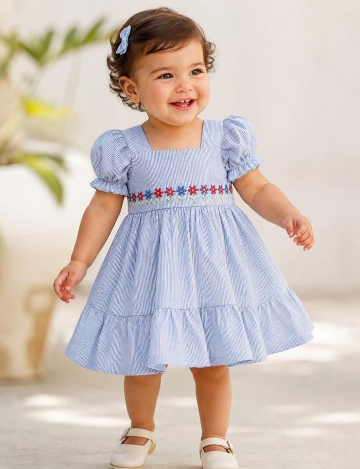 VESTIDO INFANTIL COM LISTRAS E BORDADO