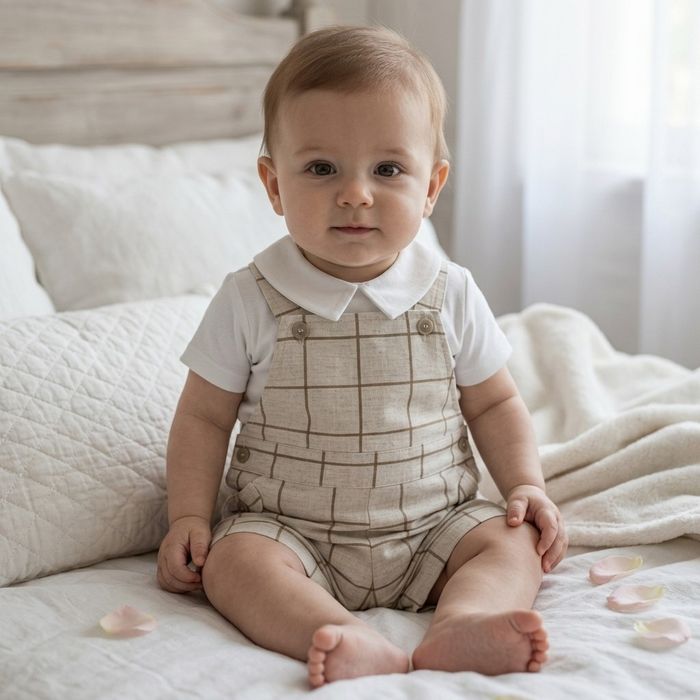 CONJUNTO CLÁSSICO BEBÊ MENINO BODY COM GOLA E JARDINEIRA