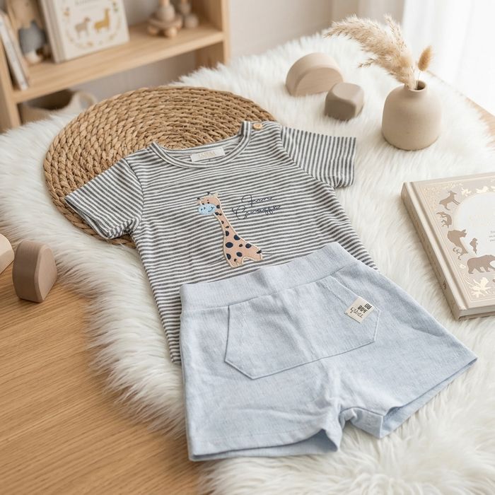 CONJUNTO BEBÊ MENINO BERMUDA E BODY LISTRADO GIRAFINHA