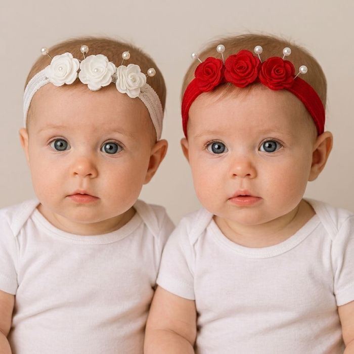 FAIXA DE CABELO BEBÊ COM FLORES E PÉROLAS