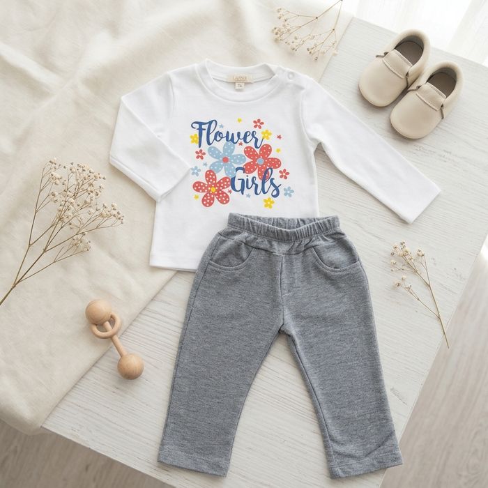 CONJUNTO INFANTIL MENINA COM BLUSA ESTAMPADA FLORES E CALÇA