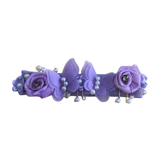 FAIXA DE CABELO BORBOLETA FLORES DE CETIM E PÉROLAS