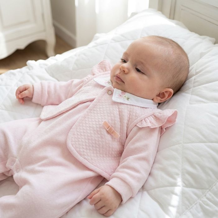 CONJUNTO MACACÃO BEBÊ GOLA BORDADA E COLETINHO ROSA