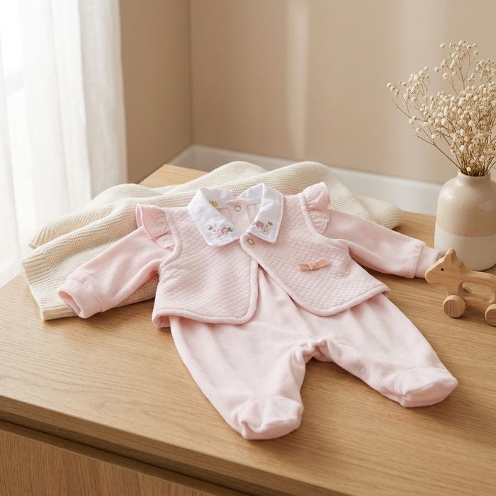 CONJUNTO MACACÃO BEBÊ GOLA BORDADA E COLETINHO ROSA