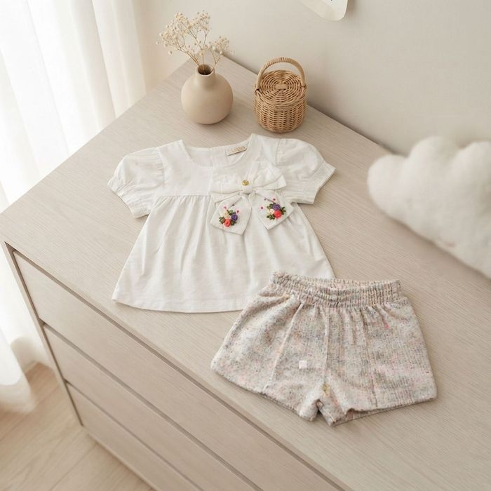 CONJUNTO BEBÊ MENINA BATA BRANCA E SHORTS