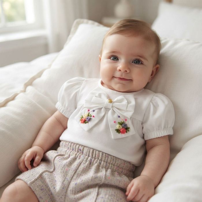 CONJUNTO BEBÊ MENINA BATA BRANCA E SHORTS
