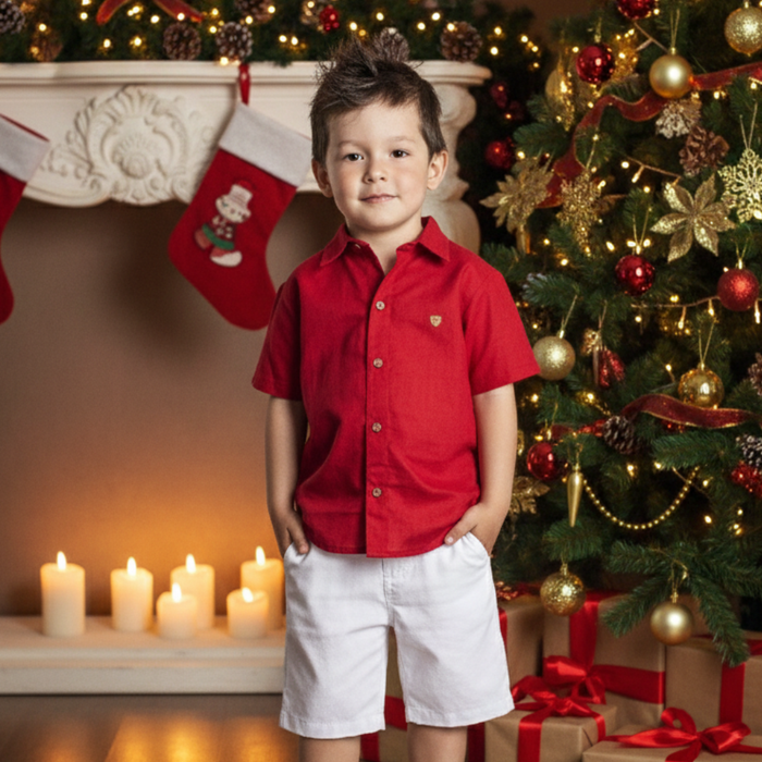 CONJUNTO INFANTIL MENINO CAMISA VERMELHA E BERMUDA BRANCA