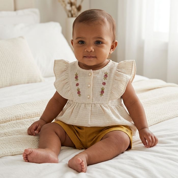 CONJUNTO BEBÊ MENINA BATA EM MALHA TEXTURIZADA E SHORTS 