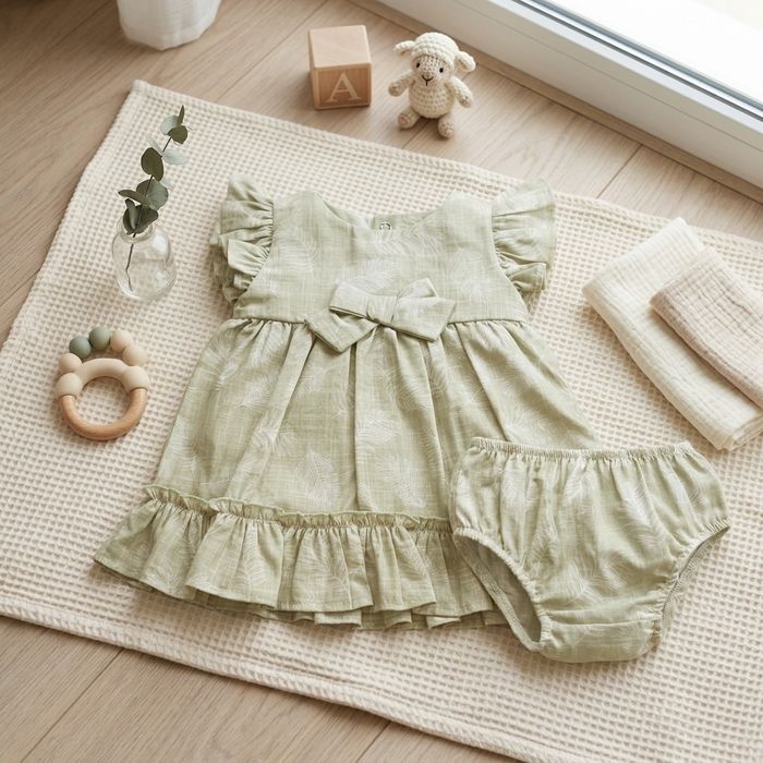 VESTIDO BEBÊ FOLHAGEM VERDE COM CALCINHA