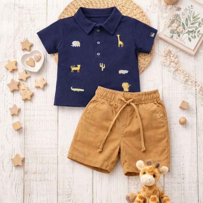 CONJUNTO INFANTIL MENINO CAMISA POLO BORDADA E BERMUDA