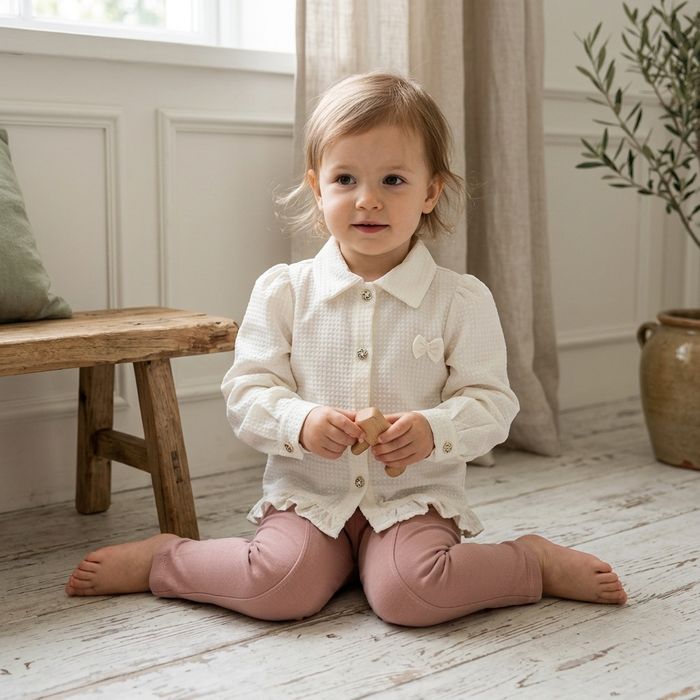 CONJUNTO CAMISETE DE BOTÃO COM BABADO E CALÇA ROSÊ