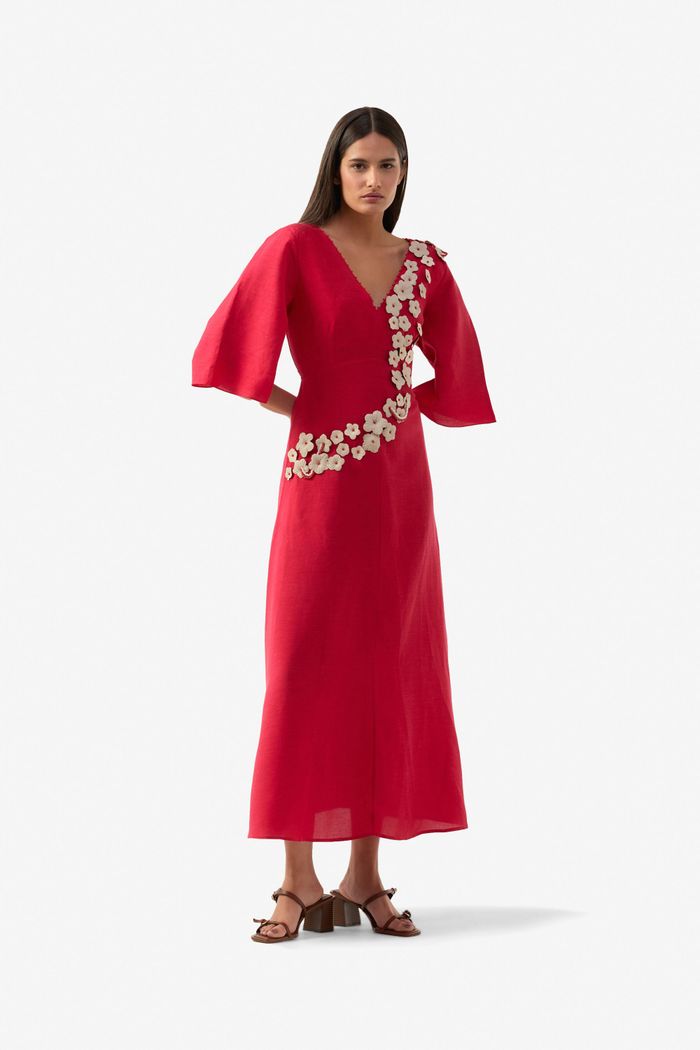 Vestido Flores Manga Vermelho