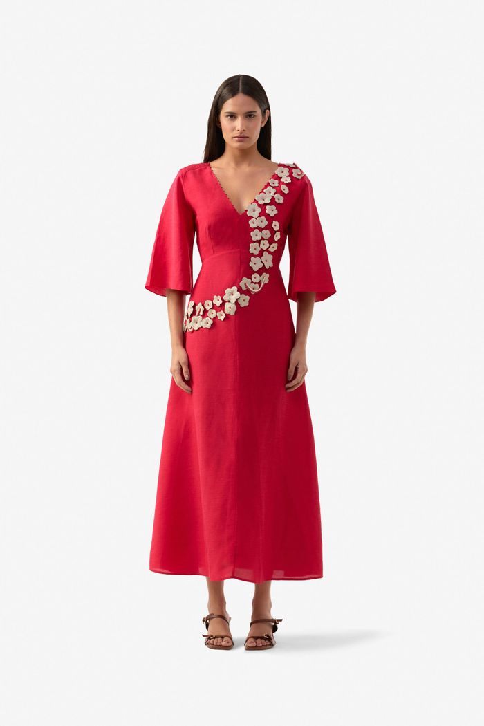 Vestido Flores Manga Vermelho