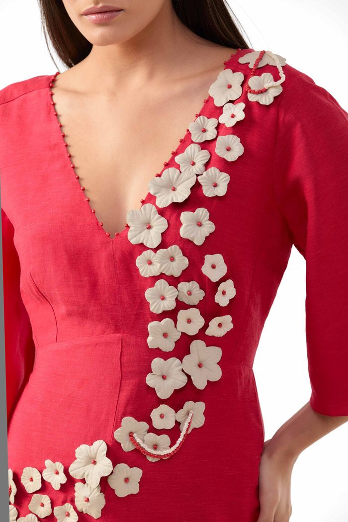 Vestido Flores Manga Vermelho