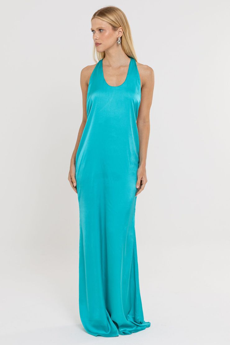 Foto do produto Vestido Cetim Tine Azul Turquesa