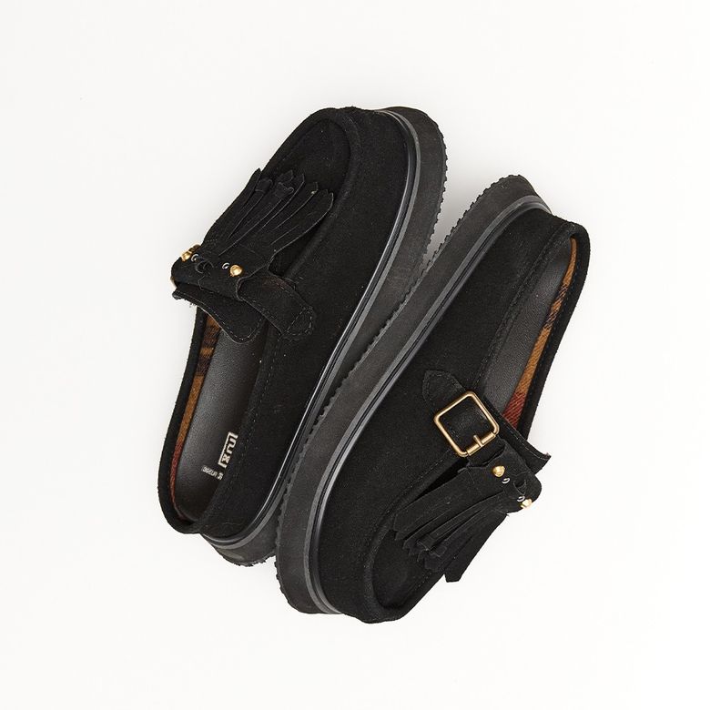 Mocassim Mule Clog Franja Camoscio Black - Perky Shoes