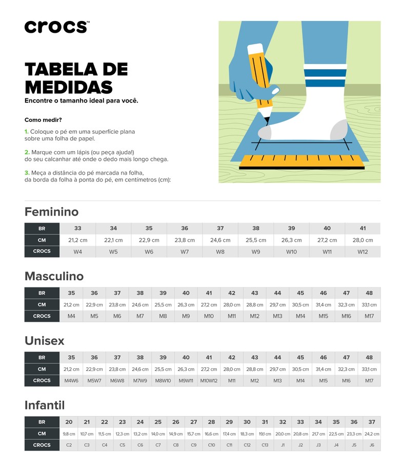 Tabela de medidas Crocs