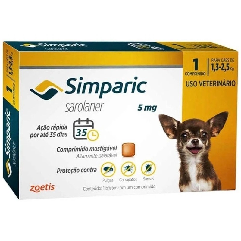 Simparic 1 comprimido 5mg para Cães pesando 1.3 até 2.5kg