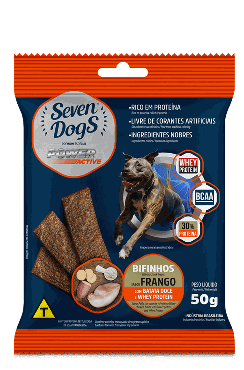 Seven Dogs Power Active Bifinhos sabor de Frango, Batata Doce e Whey Protein 50g