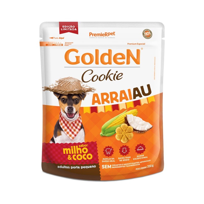 Cookie Golden Arraiau sabor Milho e Côco para Cães Adultos de Raças Pequenas 350g