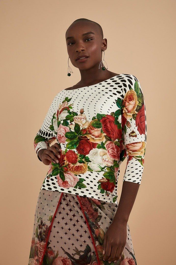 Blusa Malha Manga 3/4 Rosas Vintage