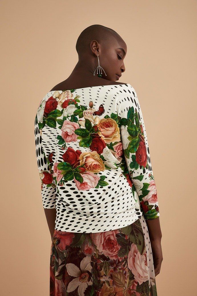 Blusa Malha Manga 3/4 Rosas Vintage